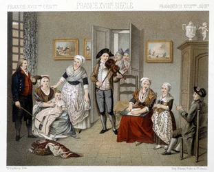 Musikere spiller deres indbrud for en familie inde i et hus. Illustration i "" Le costume historique"" af Racinet