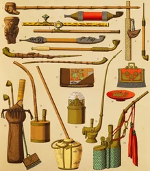 Pibe og genstande brugt af rygere, litografi af Schmidt fra The Complete Costume History, første bind, af Auguste Racinet (1825-1893), Paris