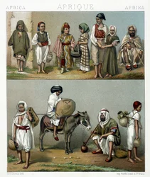 Populære kostumer fra Algeriet og Tunesien. Illustration i "" Le costume historique"" af Racinet