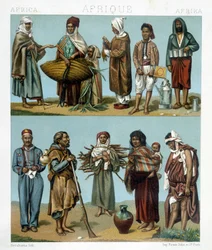 Populære kostumer i Afrika. Illustration i "Det historiske kostume"" af Racinet