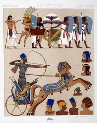 Reproduktion af kalkmalerier fra det gamle Egypten inklusive Ramses II på hans tank - i "Det historiske kostume"" af Racinet