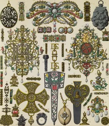 Smykker fra det syttende århundrede, litografi af Schmidt udgivet i Le costume historique, bind V
