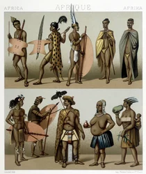 Traditionelt Cafrerie-kostume (Meridional del af Afrika). Illustration i "" Le costume historique"" af Racinet