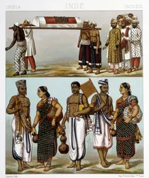Traditionelle dragter af muslimer (øverst på billedet) og hinduer (nederst), der bor i Indien. Illustration i "" Le costume historique"" af Racinet