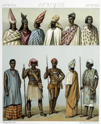 Traditionelle kostumer i Senegal. Illustration i "Le costume historique"" af Racinet