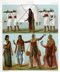 Transport og traditionelle feminine kostumer. Illustration i "" Le costume historique"" af Racinet