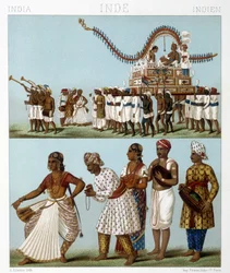 Transport, musik, dans og traditionelle kostumer i Indien. Illustration i "" Le costume historique"" af Racinet