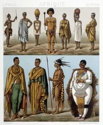 Forskellige mænd fra det sydlige Afrika. Illustration i "Le costume historique"" af Racinet