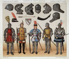 Krigere i det 15.-17. århundrede - i "" Le costume historique"" af Racinet