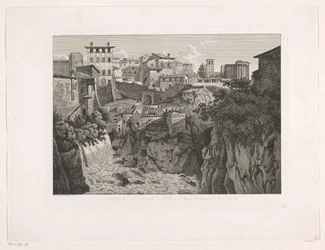 Udsigt over Tivoli, med Vesta-templet i det fjerne Situazione del Tempio di Vesta a Tivoli dirimpetto la Cascata (titel på objektet) Malay Radirte Prospekte aus Italien (serietitel)