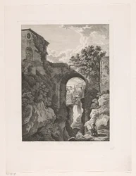 Vandfald nær San Rocco-broen i Tivoli Cascata, og Ponte di St. Rocco a Tivoli (titel på objekt) Maleriske ætsede brochurer fra Italien (serietitel)