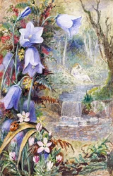 "Landskab af Arkadien, repræsenteret som lykkens land. En kvinde sidder ved et vandløb, og en mariehøne hviler på en plante. Maleri af Albert Durer Lucas (1828-1918) 1880 Privat samling