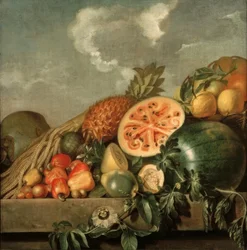 Stilleben med ananas, melon og andre tropiske frugter