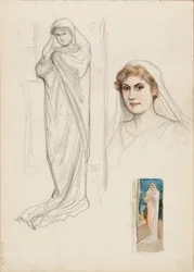 Aino Ackté som Alcestis, skitse af ansigtet og to skitser af hele kroppen