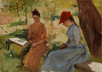 Piger, der binder guirlander - kunstnerens søstre Annie og Berta, der binder guirlander, studie