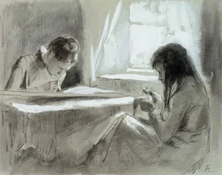 Piger, der syr ved vinduet