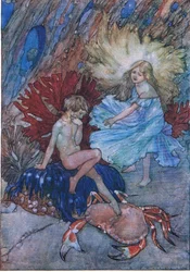 "Nej, lad være med at stikke den stakkels krabbe om Tom", fra The Water Babies pub. af Humphrey Milford Oxford University Press, ca. 1930 (farve litho)