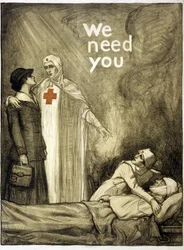 Røde Kors rekrutteringsplakat, "Vi har brug for dig", pub. 1918 (farve litho)
