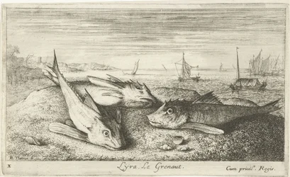 Tre saltvandsfisk på stranden Lyta, Le grenaut. (titel på objekt) Fisk og andre havdyr - saltvands første serie (serietitel) Diverse Especes de Poissons de mer (serietitel)