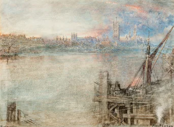 Westminster med Houses of Parliament ved solnedgang (pen  sort blæk  akvarel med ridser på papir)