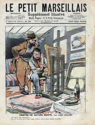 En maler på et loft maler stilleben, flasken vin og kagen, der er brugt som model, står ikke stille. Illustration af Albert Guillaume (1873-1942) fra "" Le petit Marseillais"" 04/05/1902