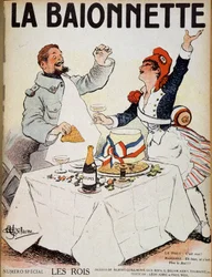Kongerne (Marianne og en behåret mand, der klirrer i glas omkring en kage) - i "" La Baionnette"", tegning af Albert Guillaume (1873-1942) n.d. (20. århundrede)