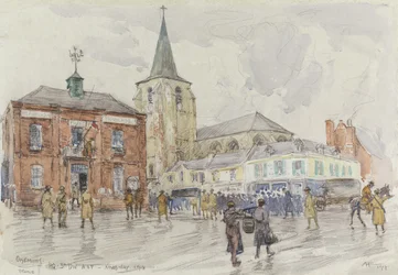 Oisemont, 3. divisions hovedkvarter, 1918 (wc und gouache med trækul på papir)