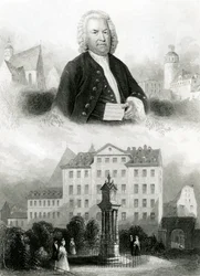 Portræt af Johann Sebastian Bach (1685-1750) og monument