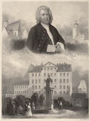 Portræt af Johann Sebastian Bach, Bach-monumentet og Thomaskirken og -skolen i Leipzig, ca. 1860