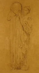 Pige med kande, ca. 1867 (sort og hvidt kridt på brunt papir)