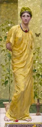 Rapsodi i gult med sommerfugl. Ung kvinde draperet i gult. Maleri af Albert Joseph Moore (1841-1893), prærafaelit. Privat samling