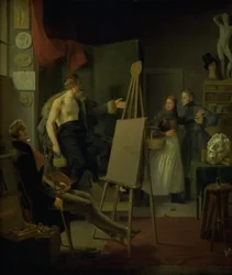 En pige, der sælger frugt i en kunstners studie