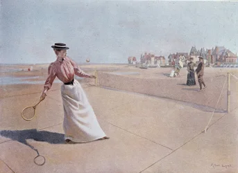 Amatørtenniskamp på stranden - tegning, 20. århundrede