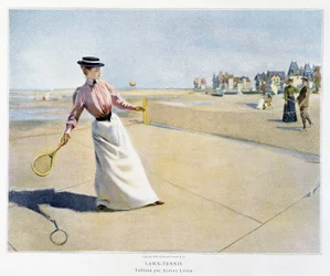 En del af en tenniskamp på en strand (Normandiet?), illustreret af Albert Lynch