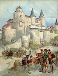 En fange, Francois 1. (1494-1547) blev låst inde i et tårn på Alcazar i Madrid (Spanien) indtil 1526. Illustration