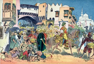 Aladdin rider gennem byens gader og kaster penge omkring ham Illustration af Albert Robida (1848-1926) til fortællingen "Aladin og den vidunderlige lampe" i "" les mille et une nuits" (Illustration til fortællingen "" Aladdin" ” i “The Book of One Tho