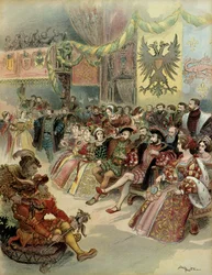 Bal ved hoffet til kongen af Frankrig, Francois 1. (1494-1547), med tilstedeværelse af Charles V (1500-1558), konge af Spanien og kejser af Det Hellige Romerske Rige Germanic, i slottet Fontainebleau, i 1539. Illustration