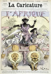 Karikatur om kolonialisme i Afrika: «Stor udpakning af afrikanske koloniale nyheder, vælg selv! Et helt kontinent til deling, skiver af Congo, stykker af Guinea» af Robida - i «La Caricature» fra 05/02/1887