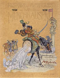 Forside til "" Baron de Munchausens historier og eventyr"" (Munchhausen) illustreret af A. Robida (1848 - 1926).