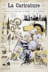 Redigering med kvinde, der drikker et ølkrus af Robida - couv. i "" La karikatur""" af 4/9/1880.