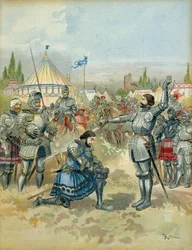 Femte italienske krig (1515-1516): Pierre Terrail de Bayard (1476-1524) panser Francois 1. (1494-1547) ridder efter slaget ved Marignan (Maregnano) (Italien), om aftenen den 14. september 1515. Illustration
