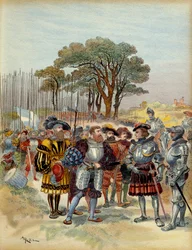 Femte italienske krig (1515-1516): i lejren, der trak sig tilbage fra Bicocca (bicoque) foran Milano (Italien), i 1516 krævede schweizerne løn, conge eller kamp, Odet de Foix, Viscount de Lautrec, marechal of France (1485-1528) kunne ikke betale dem. Illus