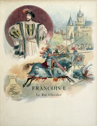 Francois I (1494-1547), portræt af kongen af Frankrig og turneringsscene. Illustration af Albert Robida (1848 - 1926)