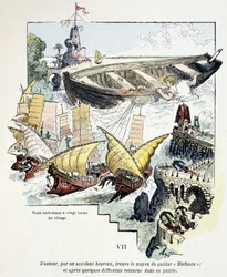 Gulliver og hans gigantiske båd i Lilliputians havn - i "" Voyages de Gulliver"" af Jonathan Swift (1721), ill. af Robida