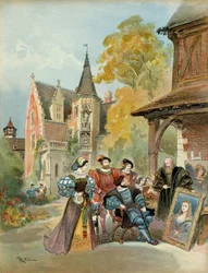 Kong Frans 1. (1494-1547) køber Mona Lisa af Leonardo da Vinci (1452-1519) nær det kongelige slot i Amboise mellem 1516 og 1519. Illustration
