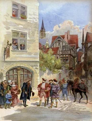 Litteratur. Bogtrykkeren Robert Estienne modtager kong Francois 1er i sit trykkeri, Paris. Illustration af A. Robida i: Francois 1er, af A. Todouze, Frankrig