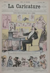 Mord eller skilsmisse, forside af «La Caricature», der skildrer Alexandre Dumas fils (1824-95) som «ekspert» i ægteskabelige dramaer, 1. januar 1880