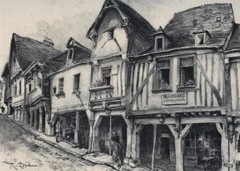 Rue Poterie a Fougeres i departementet Ille-et-Vilaine - La vieille Frankrig - La Bretagne - tekst, tegninger og litografier, af Albert Robida (1848-1926)
