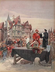 Saint Vallier benådet på stilladset, illustration fra "Francois Ier: Le Roi Chevalier, af George G. Toudouze, udg. 1909