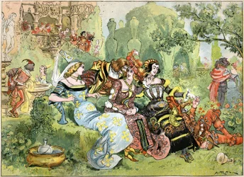 Scene af "Gargantua", illustration af Robida til de komplette værker af Francois Rabelais udgivet af Librairie Illustree, 1885